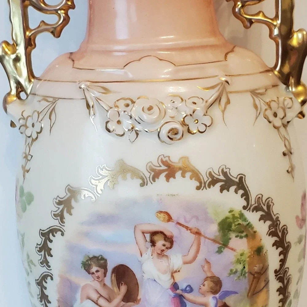 Antique Bohemian Handled Urn Vase Victoria Austria Porcelain Signed Kaufmann 12